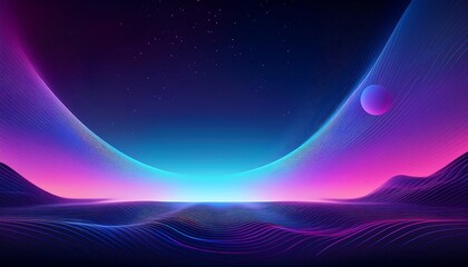 Wall Mural - Abstract landscape with glowing lines, a moon, and a starry sky.