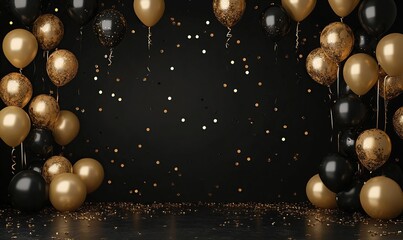 Black and gold balloons with confetti on a dark background.