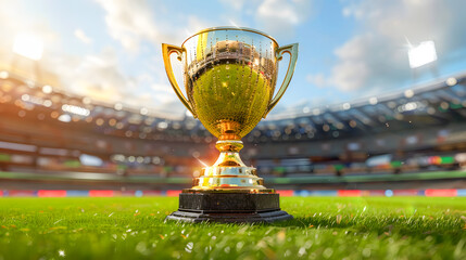 Cricket championship Trophy, world cup trophy Cricket stadium with bokeh in the background