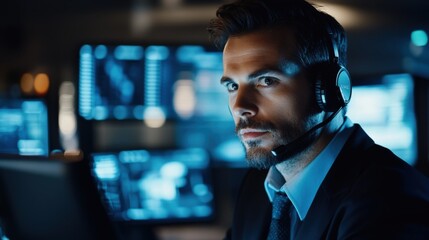 Focused Man Wearing Headset, Working Late, Blue Lights