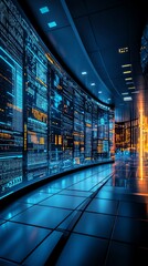 Leinwandbilder - Futuristic hallway with glowing screens displaying data and code, creating a digital landscape.