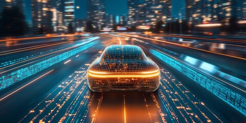 Poster - Futuristic self-driving car with glowing lights speeding down a highway in a city at night.