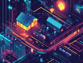 Wall Mural - Isometric illustration of a futuristic smart city with glowing neon lights and technology.