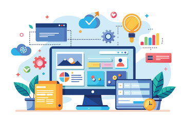 Modern Desktop Computer With Multiple Tabs and Charts Illustration