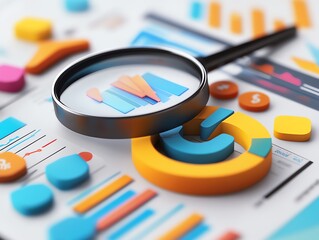 Poster - Magnifying glass over colorful pie charts and bar graphs on a white background.