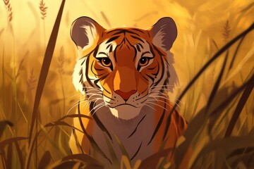 Wall Mural - A Tiger's Gaze Through Golden Grass