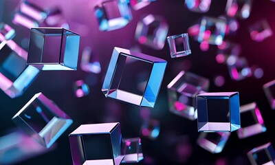 Wall Mural - 3d render, abstract background with glass squares in blue and purple colors on black isolated dark s