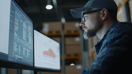 A focused individual analyzes data on multiple monitors in a modern workspace.