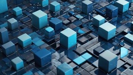 A blue and black image of many cubes. The image is of a computer screen and the cubes are arranged in a grid