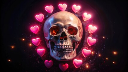 Poster - A Human Skull Surrounded by Glowing Hearts