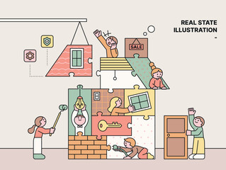 Wall Mural - People are building a house. Puzzle concept with items inside the pieces. Cuttiny character with outine.