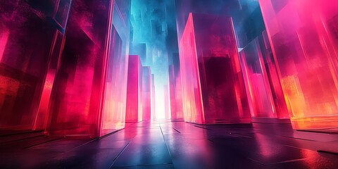 Poster - Neon city with red and blue glowing buildings.