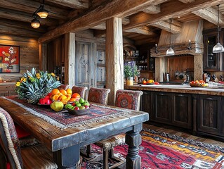 Wall Mural - Rustic wooden kitchen with dining table, fruit bowl, and colorful rug.