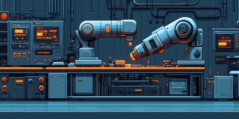 Poster - Two robotic arms on a workbench with a glowing orange light in a futuristic factory setting.