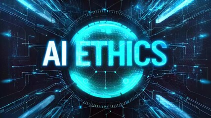 AI Ethics text on a glowing blue digital background.