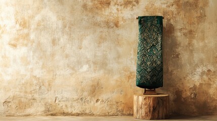 Wall Mural - A striking emerald green Banarasi sari with elaborate motifs, elegantly displayed on a wooden stand, complementing the subtle beige backdrop