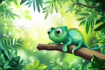 Wall Mural - A Green Chameleon Perched on a Branch in Lush Foliage