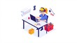 © Chaikit - Simple isometric infographic of a female engineer with safety glasses perched on her head, sitting at an industrial-style metal desk, working with a rugged laptop and unrolled blueprints. Nearby,