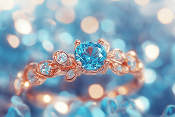 Wall Mural - elegant rose gold ring with blue diamond sparkling light