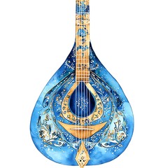 Wall Mural - Watercolor illustration of a blue and gold Portuguese guitar.