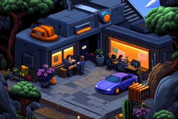 A pixel art business scene of an office with tiny, pixelated employees working at desks, in a retro video game style