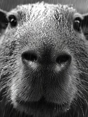 Wall Mural - Black and white photo of capybara in rain