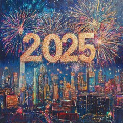 Wall Mural - 2025 Fireworks Cityscape.