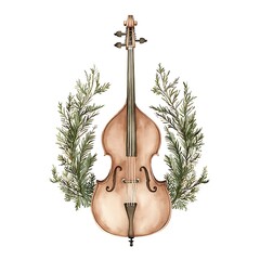 Wall Mural - Watercolor Illustration of a Double Bass with Greenery.