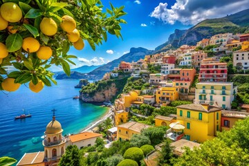 Wall Mural - Colorful Coastal Village Overlooking the Mediterranean Sea with Lush Lemon Trees and Majestic Mountain Views on a Bright Sunny Day, Capturing the Essence of Tranquil Mediterranean Life