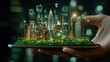 © Ratchadaporn - Explore a miniature urban landscape displayed on a tablet screen with built-in interactive features