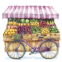 Sticker - Watercolor illustration of a fruit stand with a bicycle.