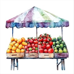 Canvas Print - Watercolor Illustration of a Fruit Stand with Oranges, Strawberries, Tomatoes, and Limes.