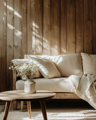 Minimalist interior design of modern bright and airy living room with a white sofa and wooden accents. Large abstract art and natural light bring warmth and elegance to the minimal decor.