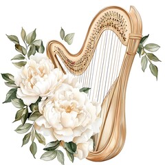 Wall Mural - Watercolor Harp and Peonies Illustration.