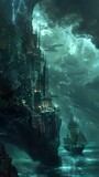 A Dark and Stormy Cityscape: A Fantasy World of Gothic Architecture and Ships