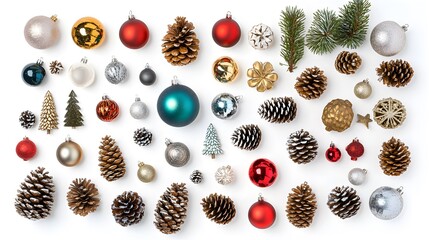 Wall Mural - Flat lay of Christmas ornaments, pine cones, and festive decorations arranged on a white background