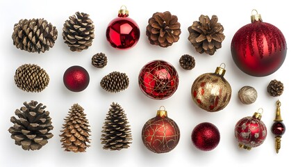 Wall Mural - Flat lay of Christmas ornaments, pine cones, and festive decorations arranged on a white background