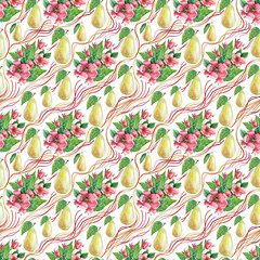 Watercolor seamless pattern with fruits, leaves and pear flowers