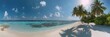 © CamThali - Photo of a Maldives beach with palm trees and a blue sky, a panoramic view. The white sandy beaches are under the clear azure sea