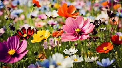 Sticker - Closed Up of vibrant wild flowers in a Field background.