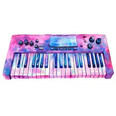 Wall Mural - Watercolor illustration of a pink keyboard with blue and purple accents.