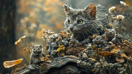 Sticker - A Curious Cat and Its Tiny Friends in the Autumn Forest: A Whimsical Wildlife Scene