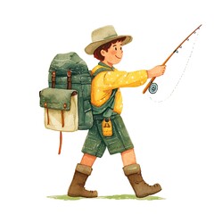 Wall Mural - Watercolor illustration of a young boy with a backpack, a fishing rod, and a hat going on a camping trip.