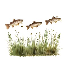 Wall Mural - Three Brown Trout Fish Swimming in a Stream with Watercolor Grass and Bees.