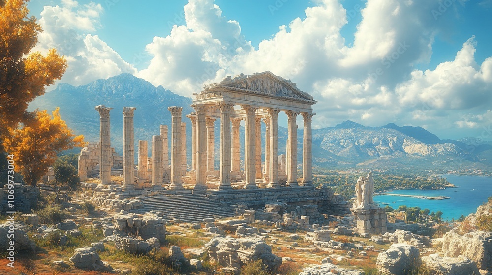 Ancient Greek temple ruins overlooking the Aegean Sea with mountains in ...