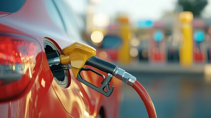 A close-up of a red car being fueled at a gas station, with a yellow fuel nozzle in the gas tank and blurred station background.