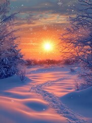 Wall Mural - Abstract Winter Sunrise with Soft Gradients and Snowflakes - Perfect for Holiday Designs and Winter Themes