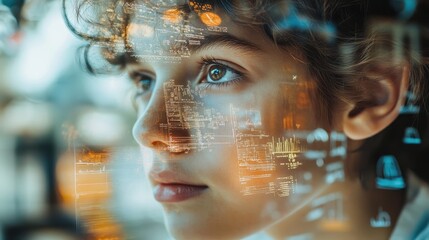 Wall Mural - futuristic concept of artificial intelligence with human face and digital interface overlay in a hig