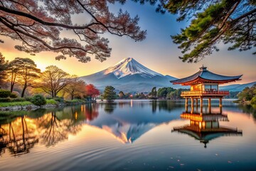 Wall Mural - Serene View of Mount Fuji with Snow-Capped Peak, Heiwa no Torii, and Tranquil Lake Under Golden Light at Hakone, Japan Surrounded by Lush Trees and Clear Sky