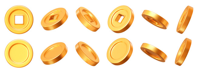 Wall Mural - 3d set of ancient old gold coins of china, with square hole. design element for chinese new year. st